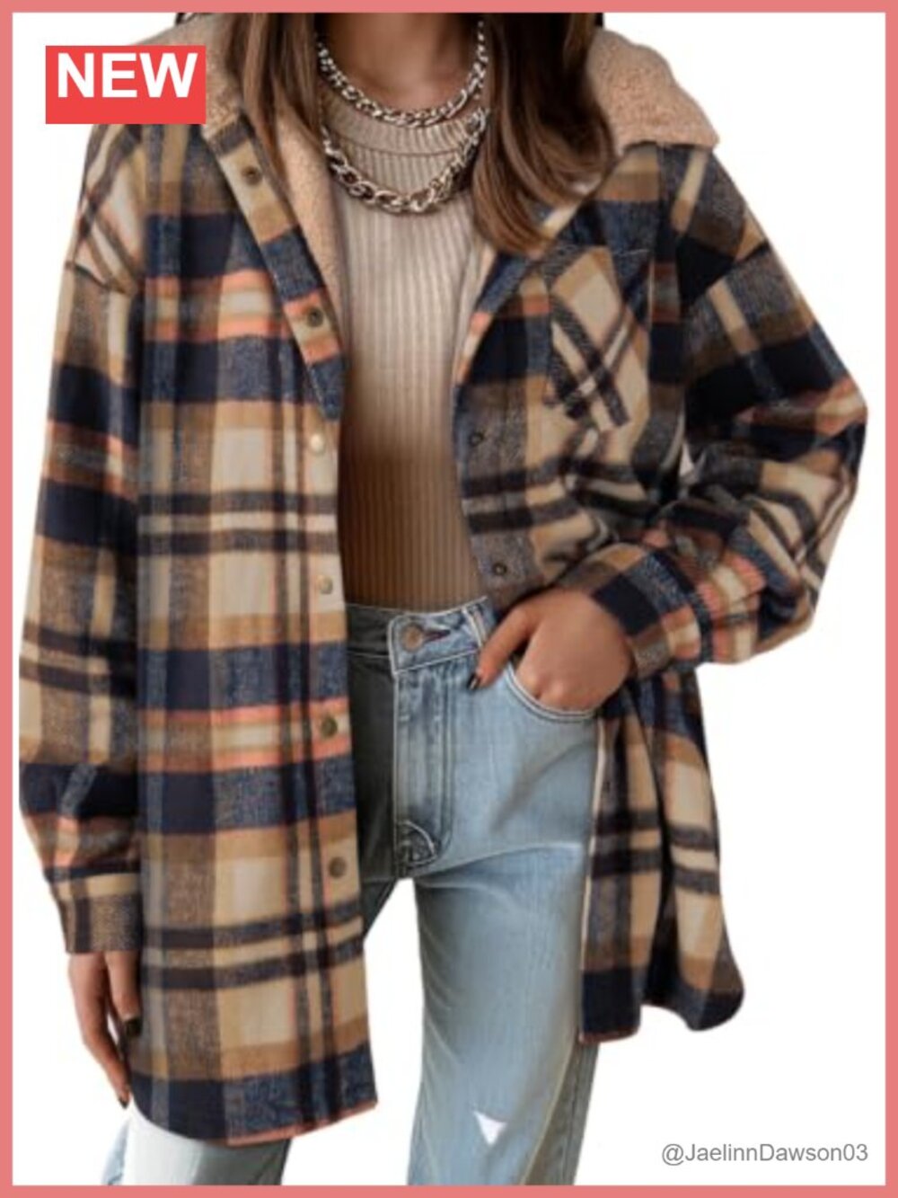 Plaid Flannel Hooded Shacket Button Down Oversized Fleece Jacket